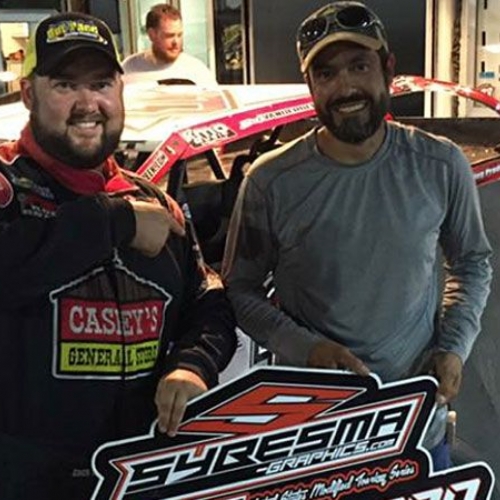 Zack VanderBeek, pictured here with Crew Chief J.D. Gresham, earned the Sybesma Graphics Pole Award at the 7th Annual USMTS Malvern Bank Duals at the Adams County Speedway in Corning, Iowa, on Saturday, June 10, 2017.